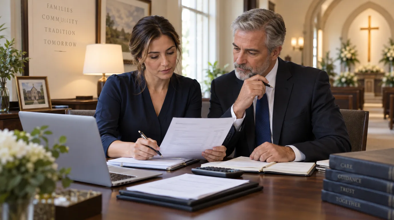 Funeral home owner and bookkeeper reconciling records beside a laptop