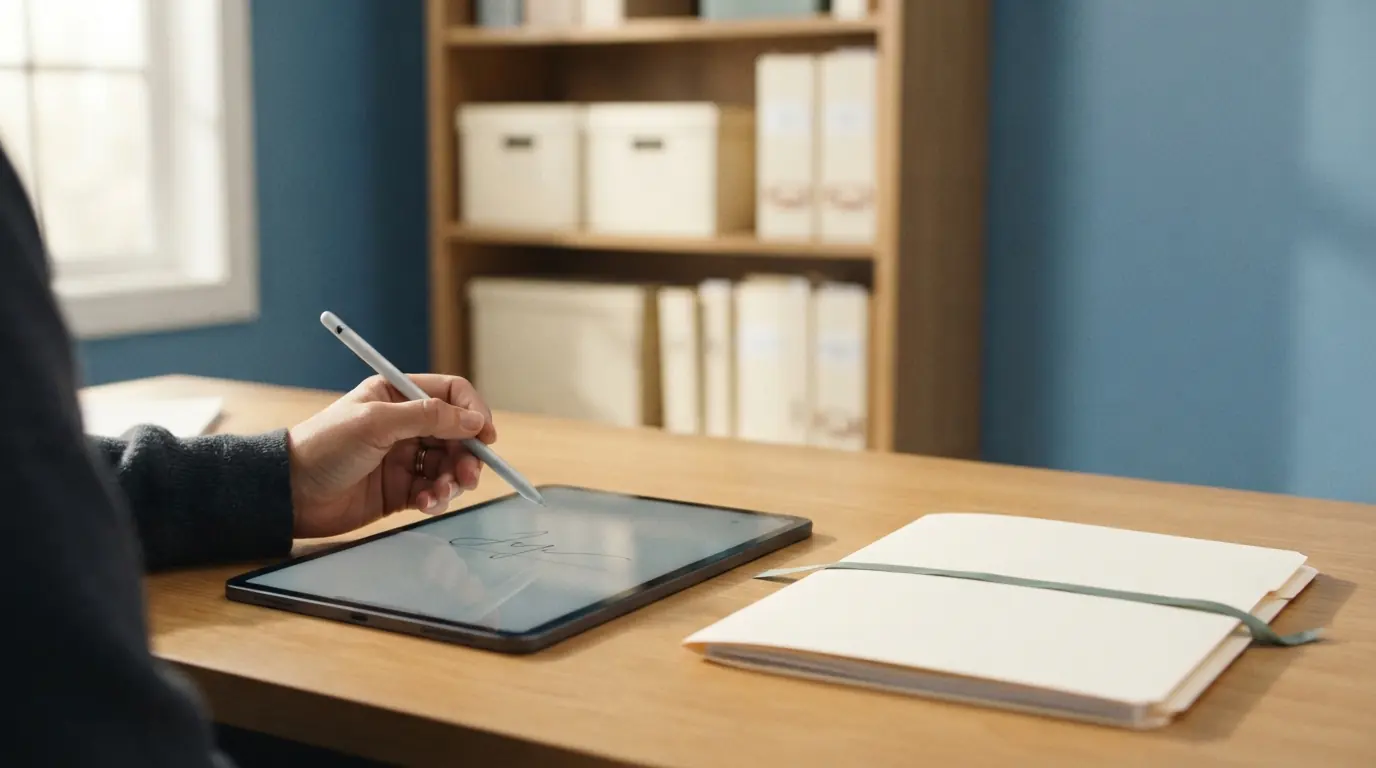 Shelves of organized archive boxes and file folders beside a signed document on a tablet.