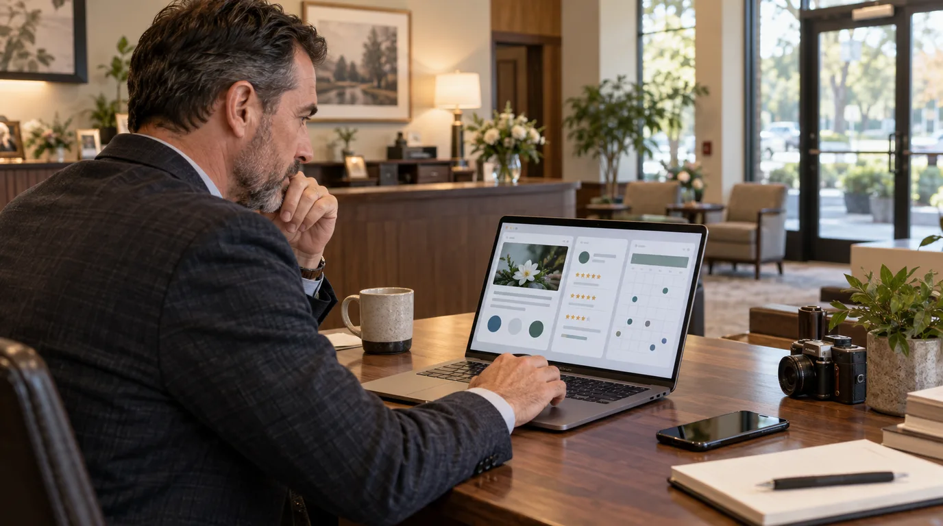 Funeral home owner reviewing website, search visibility, reviews, and content planning on a laptop