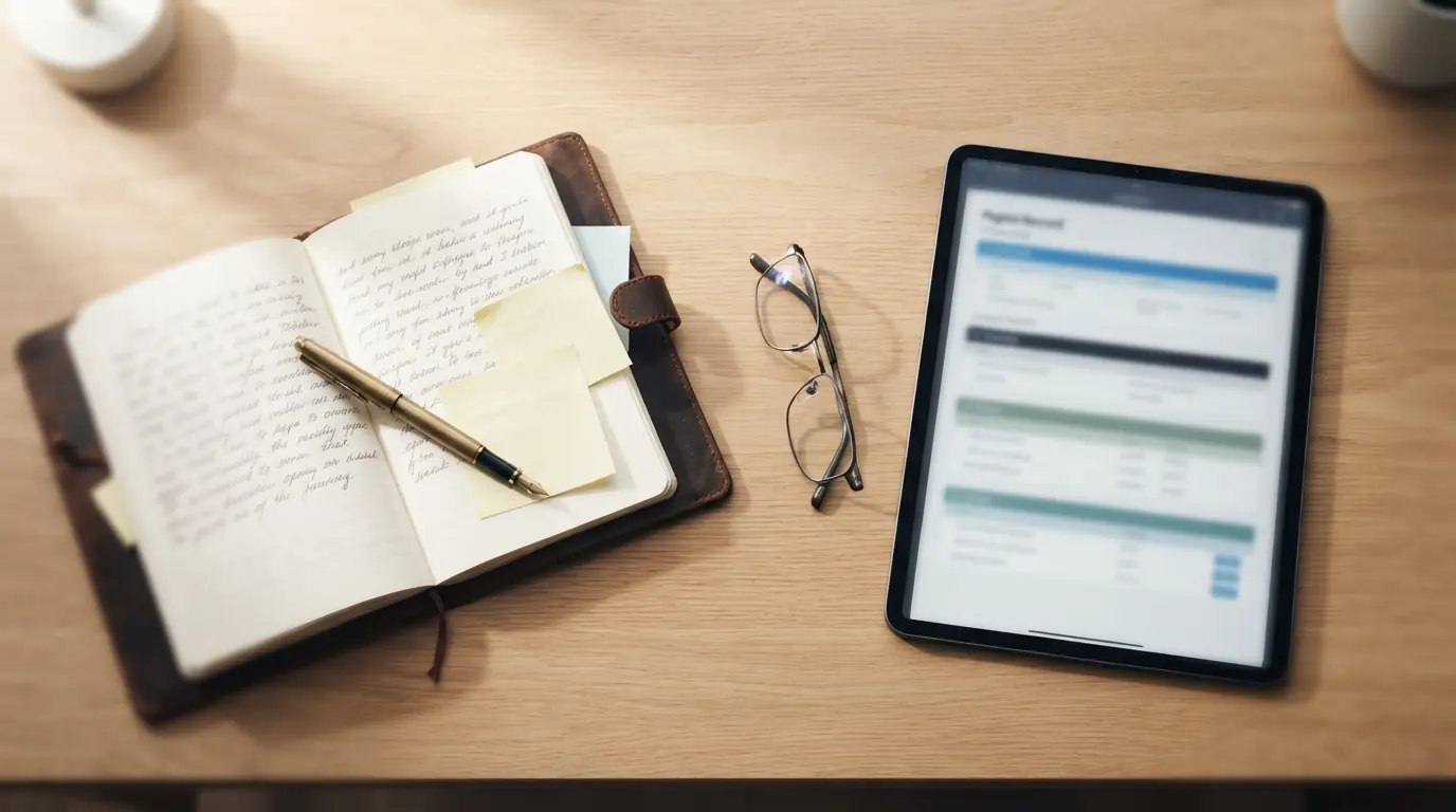 An open notebook of handwritten notes and sticky notes beside a tablet showing a clean digital case record.
