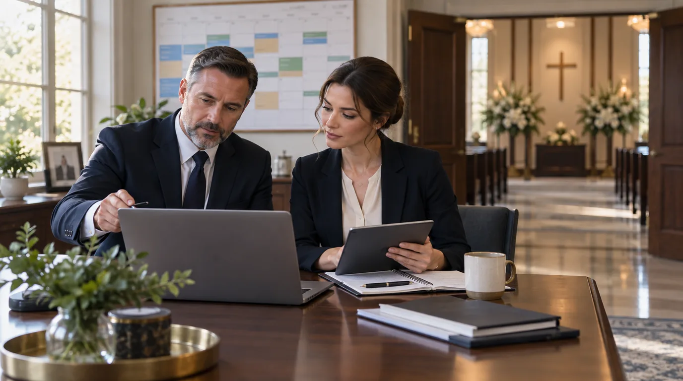 Funeral director and operations coordinator planning services with a laptop and tablet