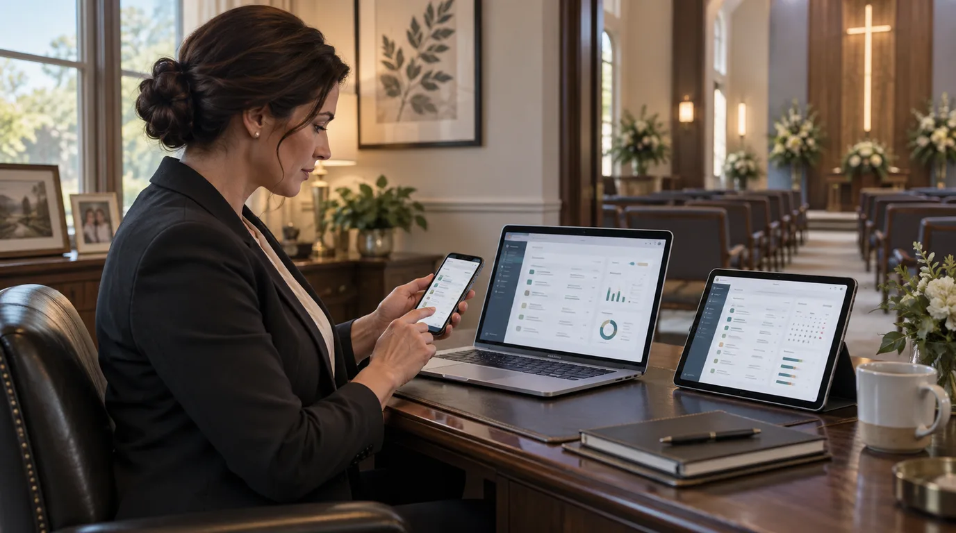 Funeral director using funeral home case software across a phone, tablet, and laptop in a chapel office