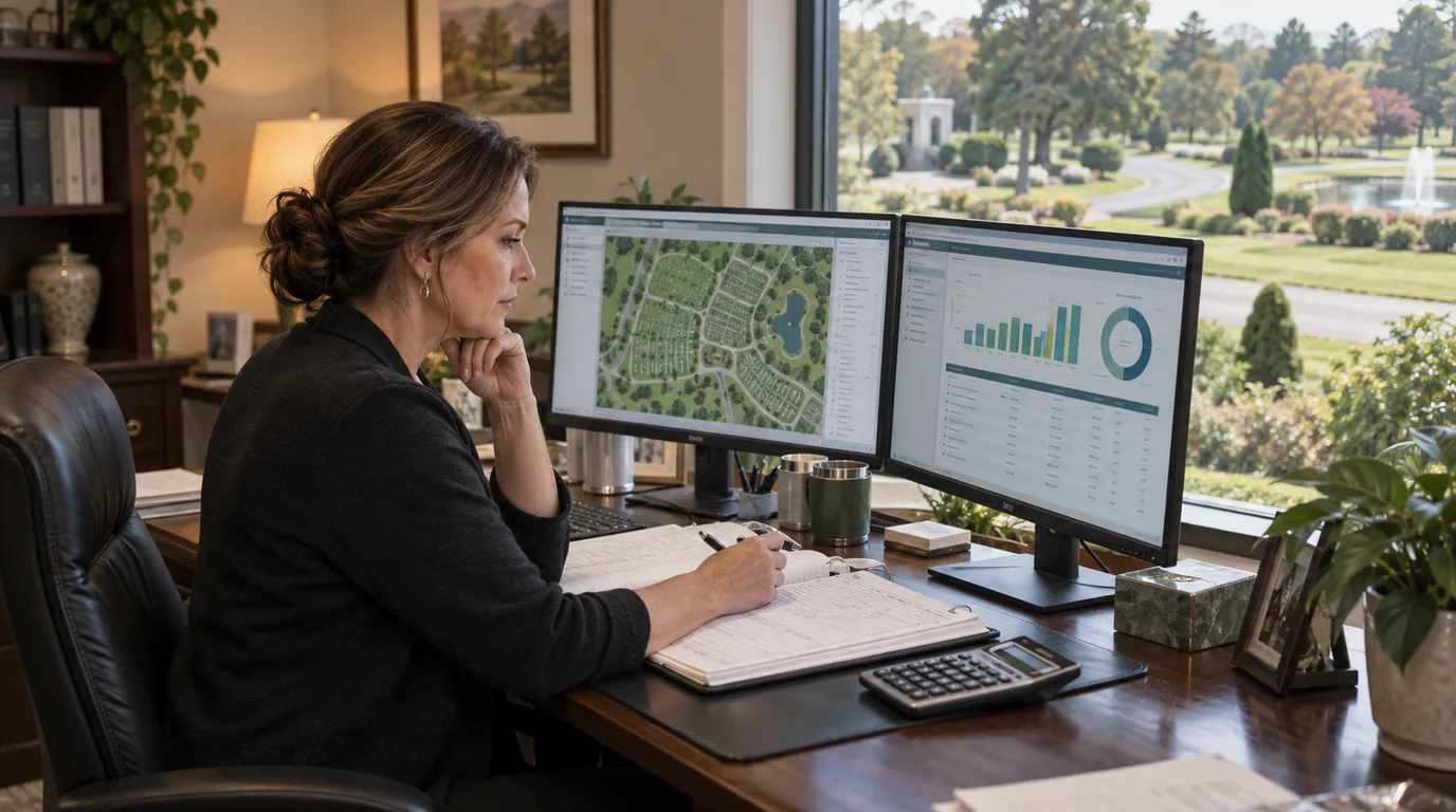 Cemetery manager reviewing a digital property map and accounting records on two office screens