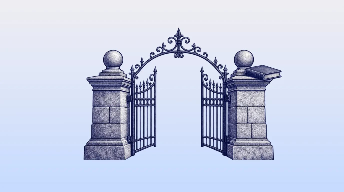 Engraved illustration of a stone cemetery gate with an iron arch and a small ledger resting on the gatepost.