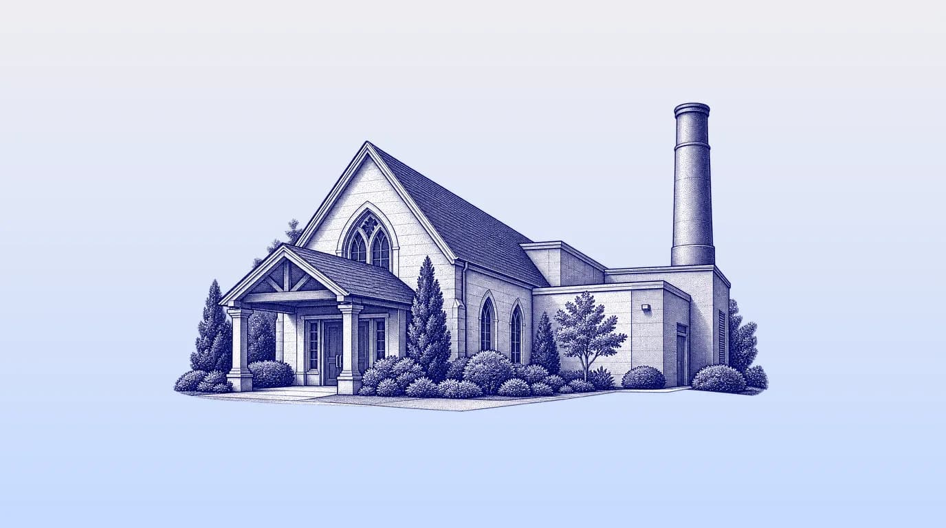 Engraved illustration of a funeral chapel and a crematory chimney seen together as one small building complex.