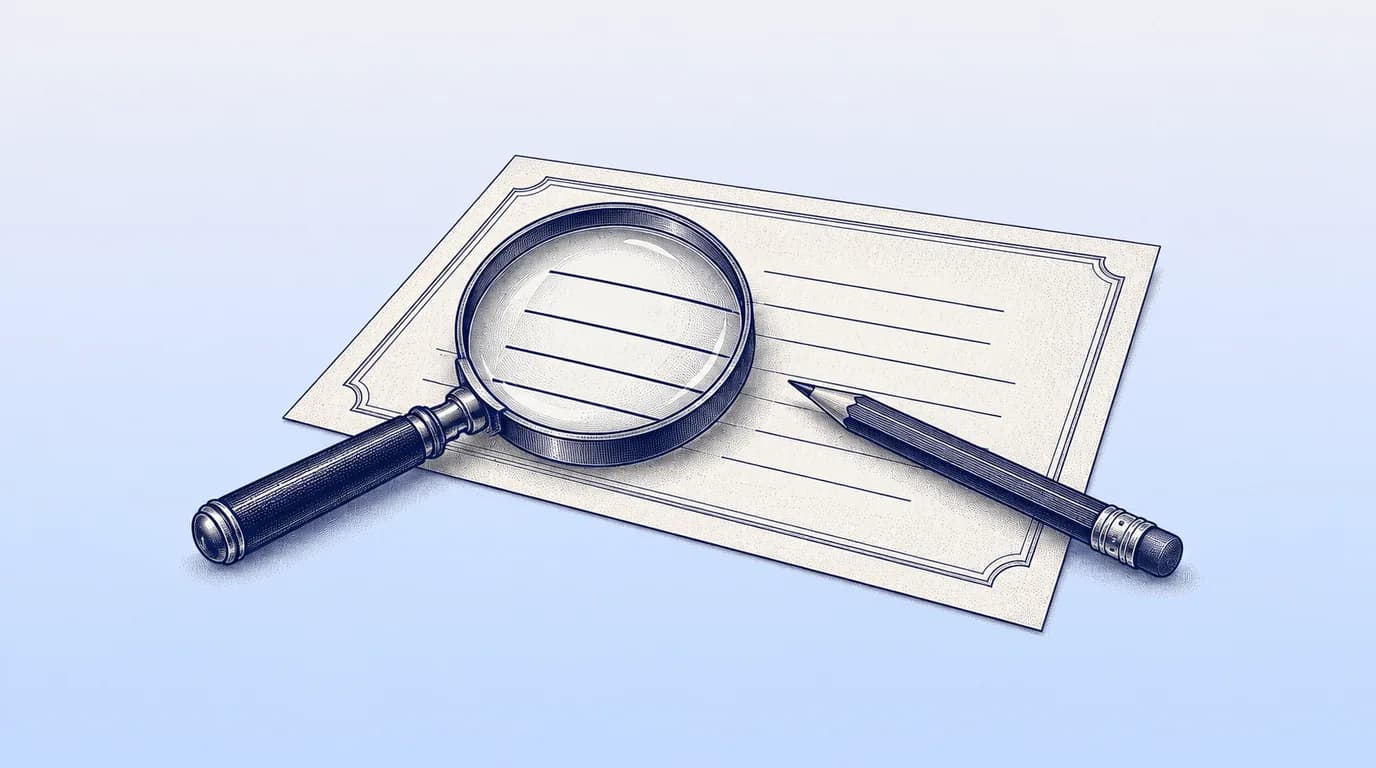 Engraved illustration of a blank certificate examined with a magnifying glass beside an editing pencil.
