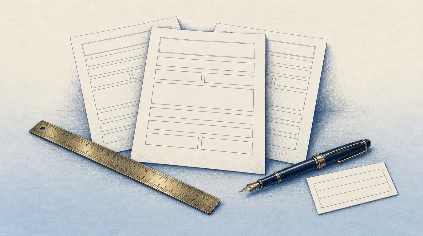 Engraved illustration of matching document fields beside a drafting ruler and fountain pen.