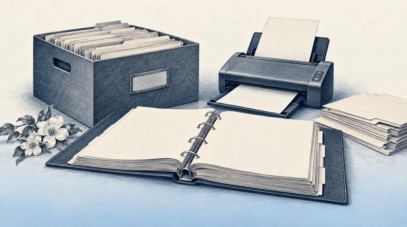 Engraved illustration of paper folders, an open binder and a desktop scanner.