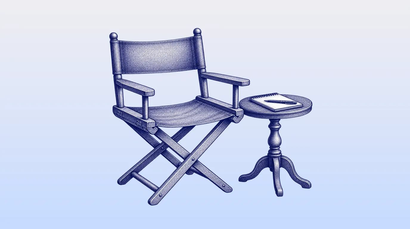 Engraved illustration of an empty director’s chair beside a small side table with a notepad.