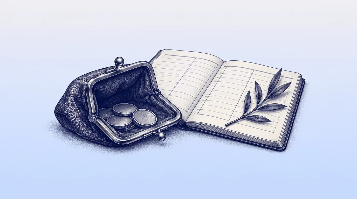 Engraved illustration of an open coin purse beside a budget notebook and olive sprig.