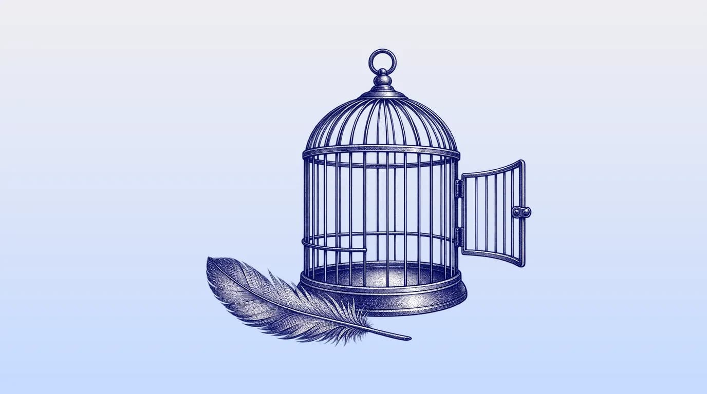 Engraved illustration of an open birdcage with its door swung wide and a feather resting on the floor.
