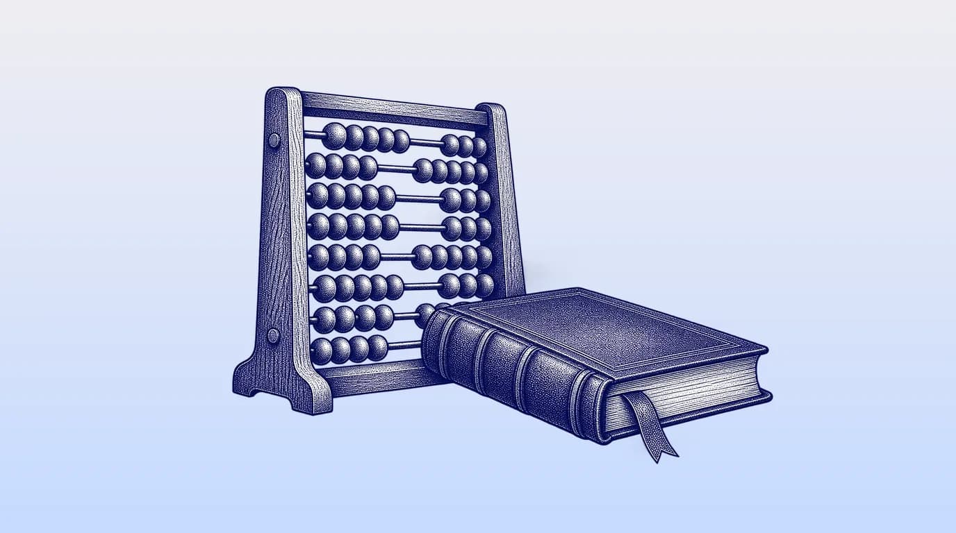 Engraved illustration of a wooden abacus beside a closed ledger with a ribbon.