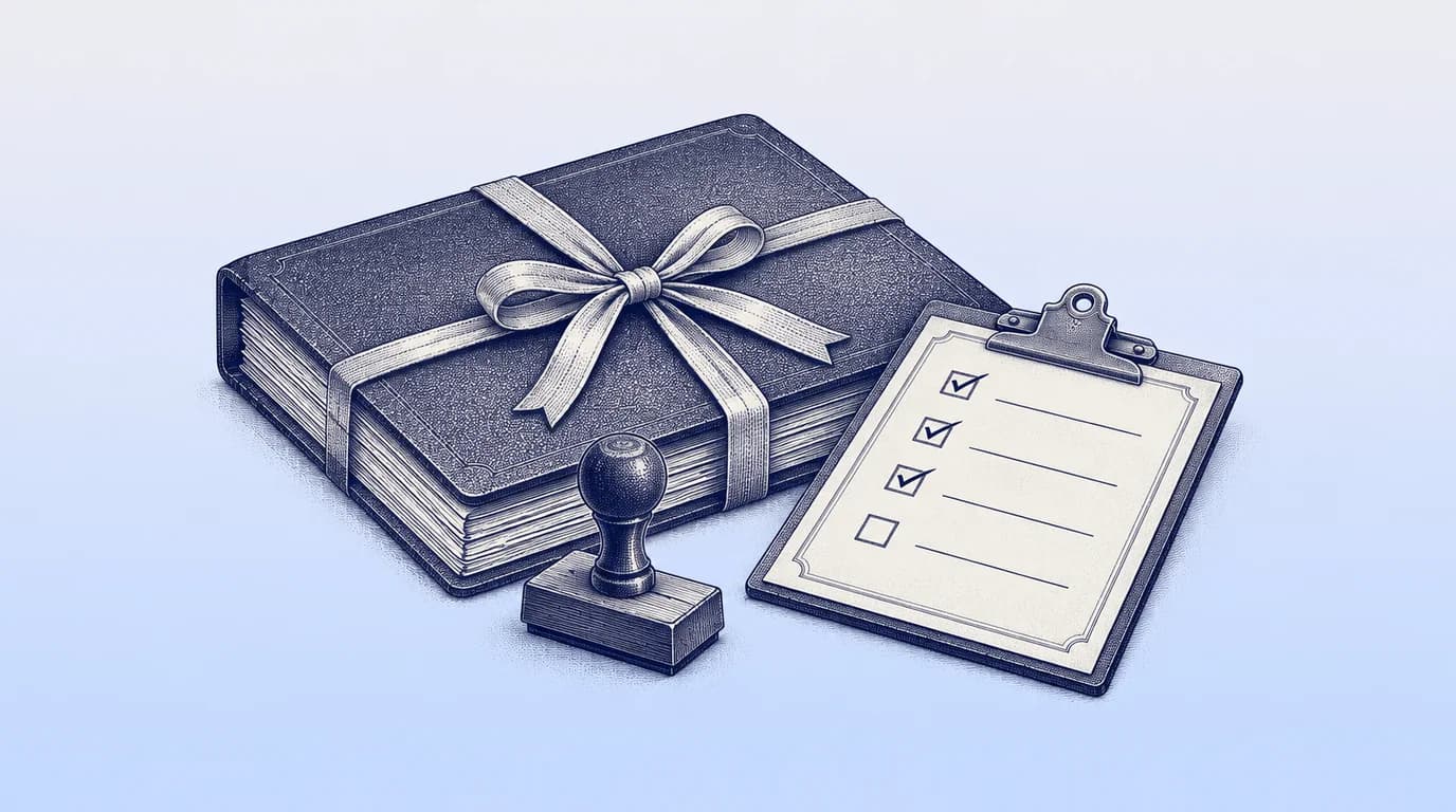Engraved illustration of a ribbon-tied case folder beside a checklist and wooden stamp.
