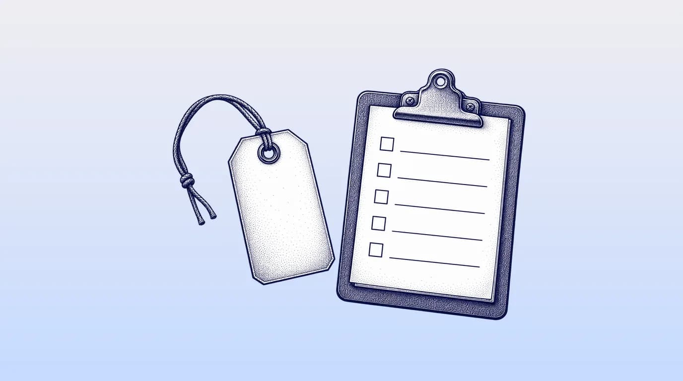 Engraved illustration of a blank identification tag on a string beside a clipboard checklist.