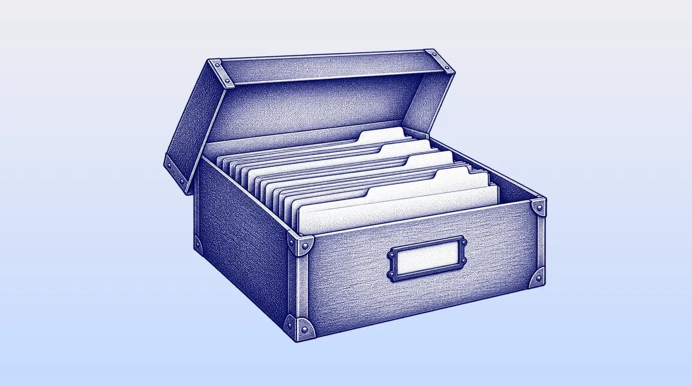 Engraved illustration of an open document box with tabbed dividers standing upright.