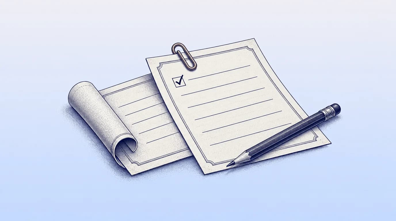 Engraved illustration of two document versions held by a paperclip beside an editing pencil.