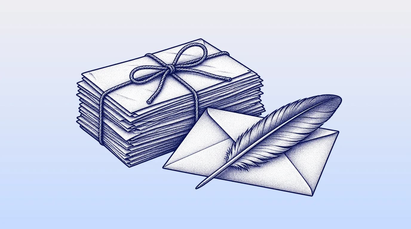 Engraved illustration of a stack of letters tied with string beside an envelope with a feather.
