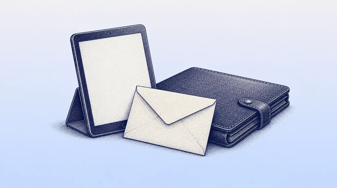 Engraved illustration of a tablet, sealed envelope and closed case folder.