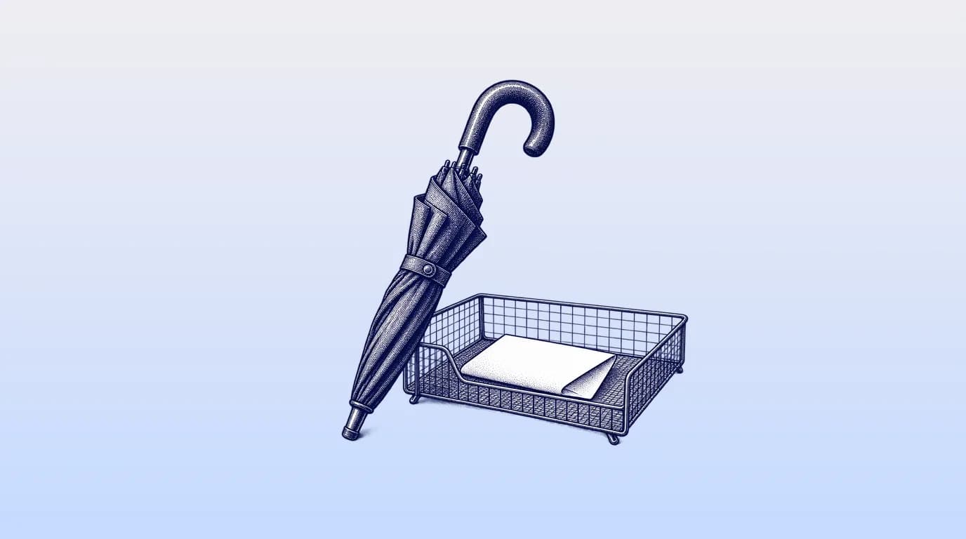 Engraved illustration of a closed umbrella leaning against a wire desk tray holding a folded form.