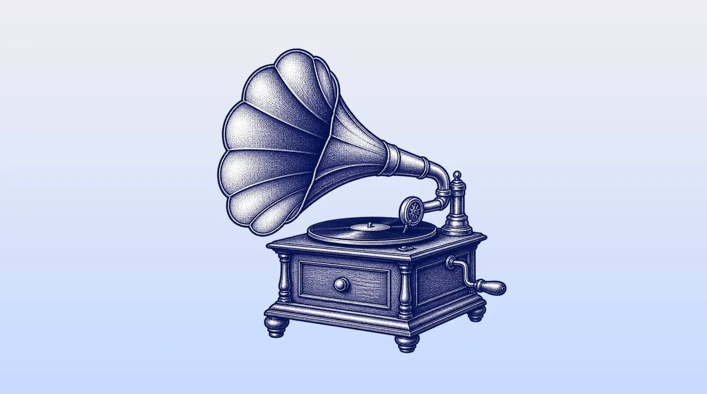 Engraved illustration of a brass gramophone with a large horn on a small cabinet.