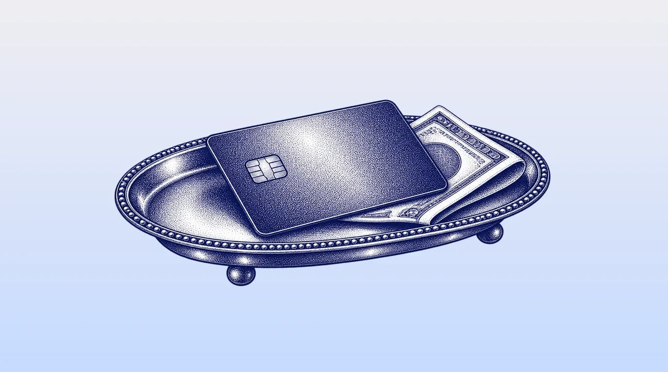 Engraved illustration of a credit card resting on a small brass tray with a folded bill.
