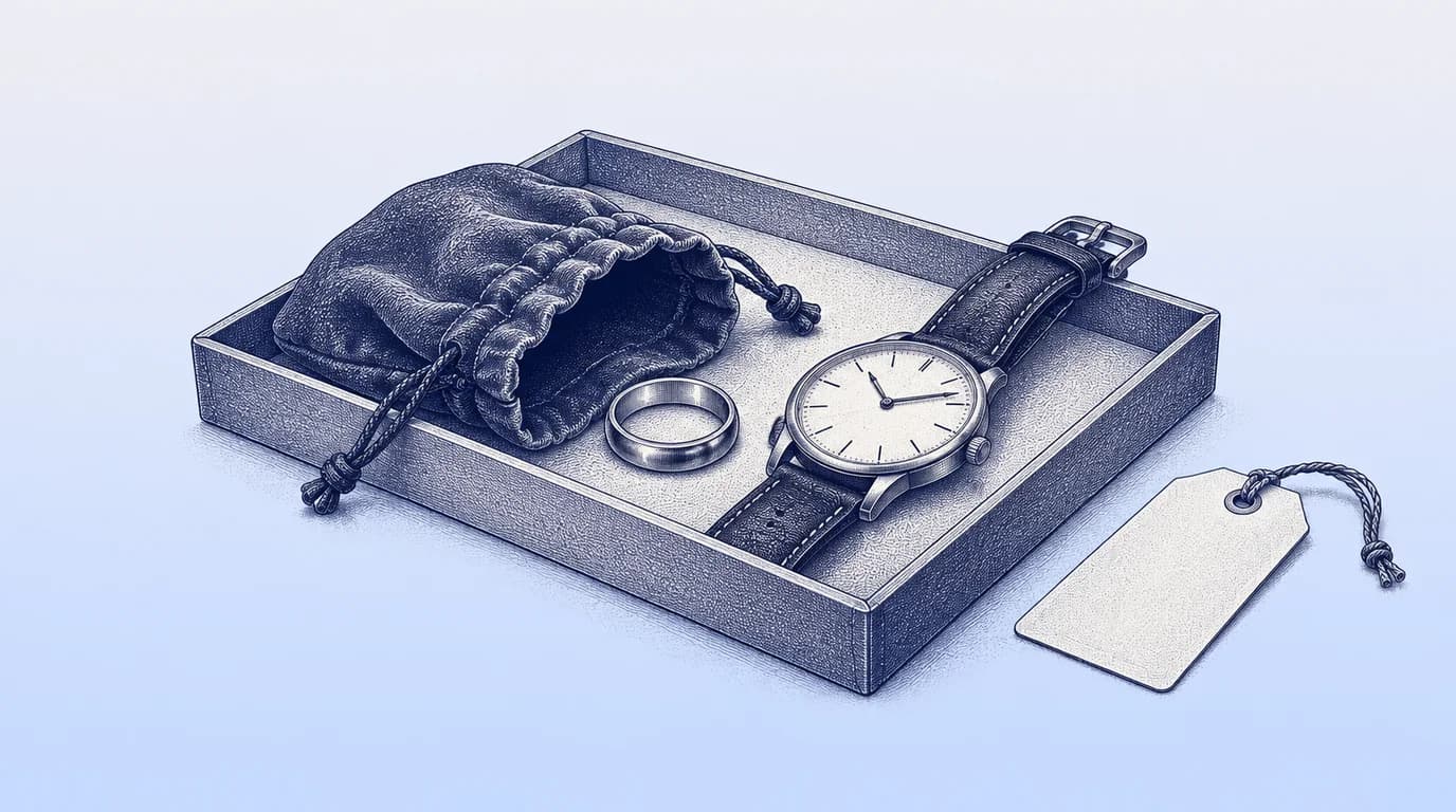 Engraved illustration of a keepsake pouch, wedding ring and wristwatch in an inventory tray.