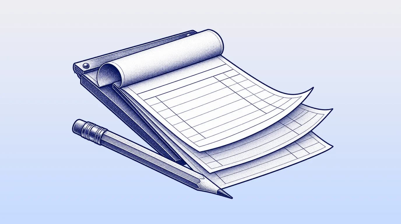 Engraved illustration of a receipt book with carbon copies and a pencil.