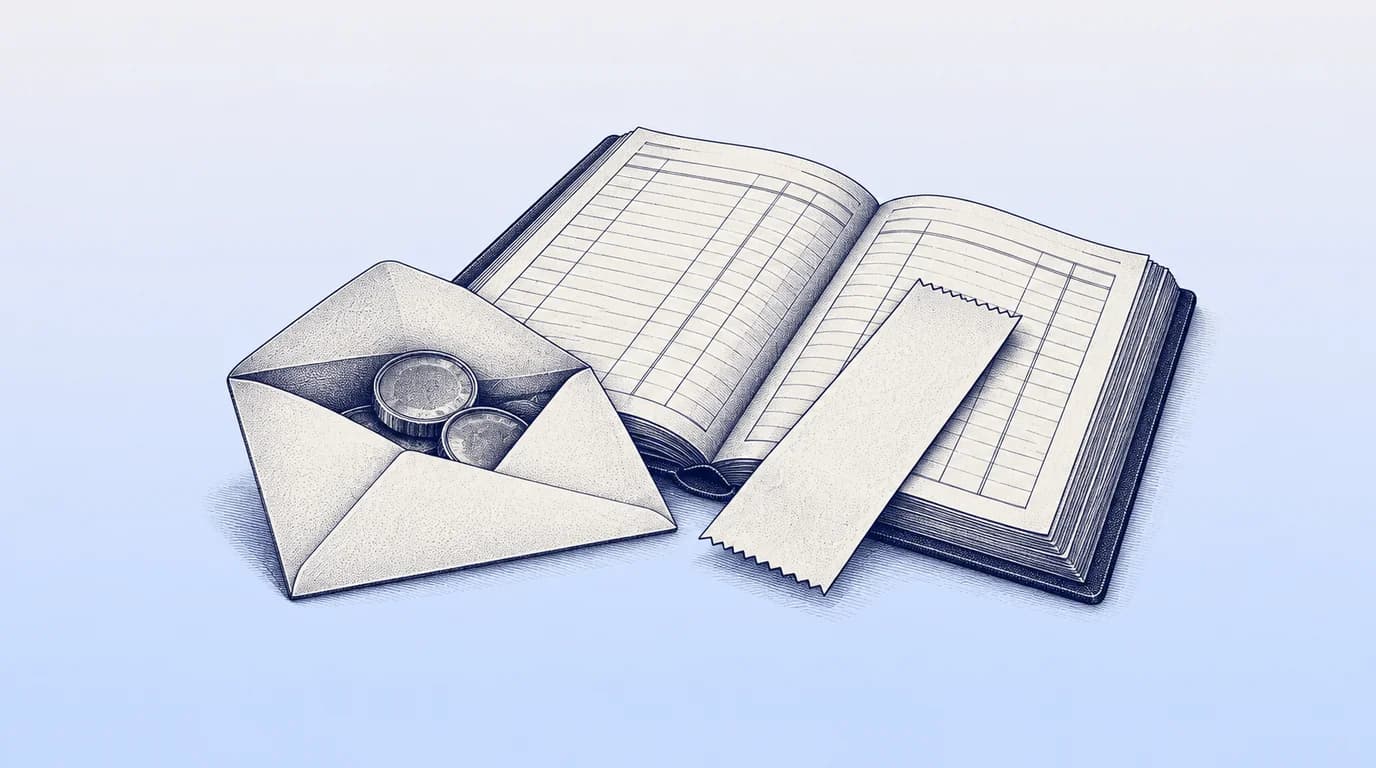 Engraved illustration of coins in an open envelope beside a ledger and blank receipt.