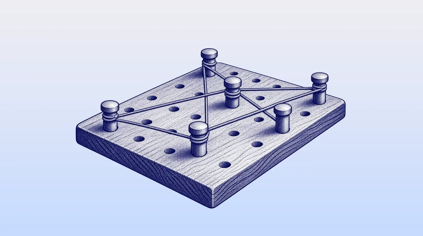 Engraved illustration of a wooden peg board with a few pegs and strings between them.