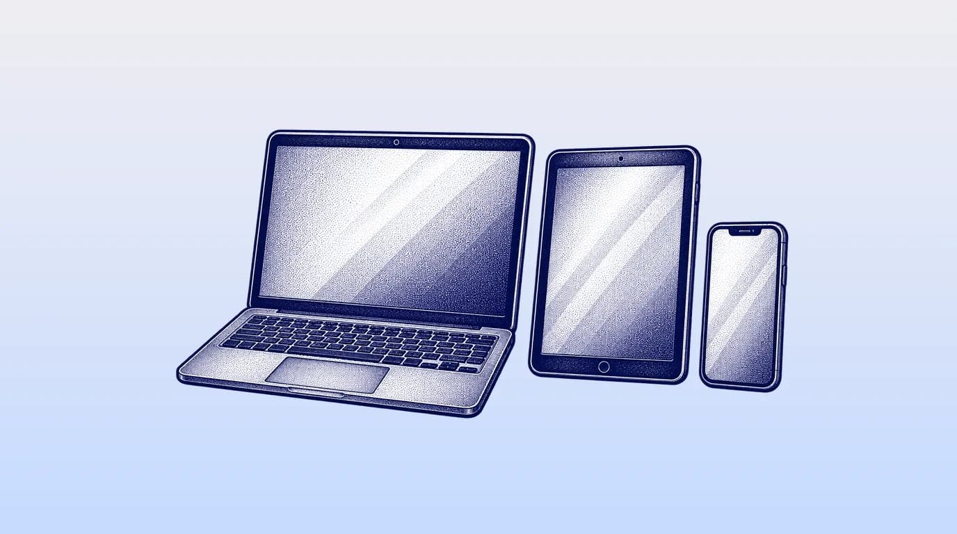 Engraved illustration of a laptop, a tablet and a smartphone arranged in a neat row.