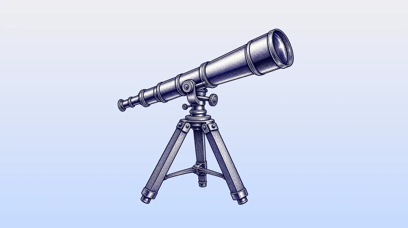 Engraved illustration of a brass telescope on a wooden tripod angled upward.