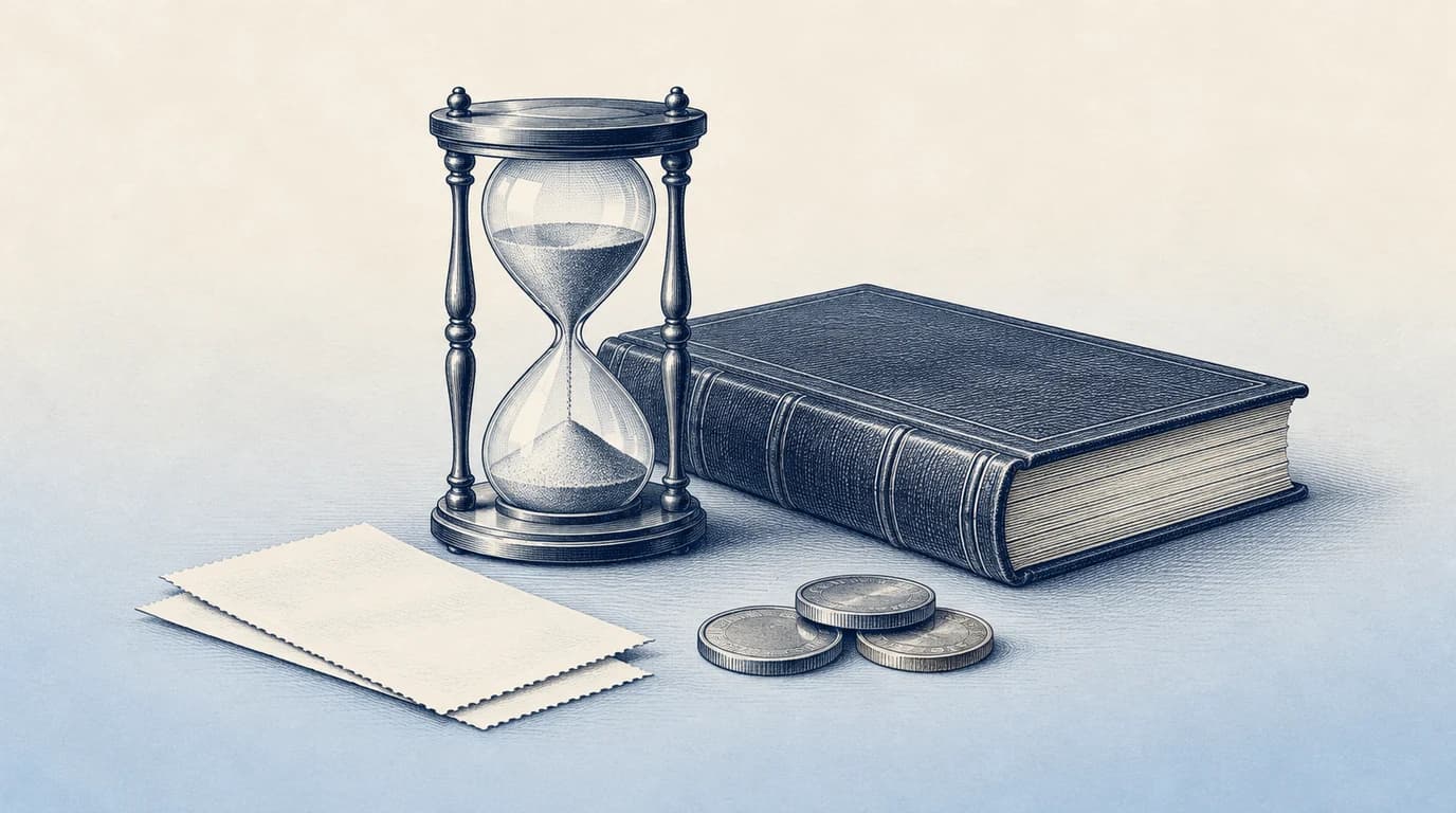 Engraved illustration of an hourglass, ledger, blank receipts and coins.