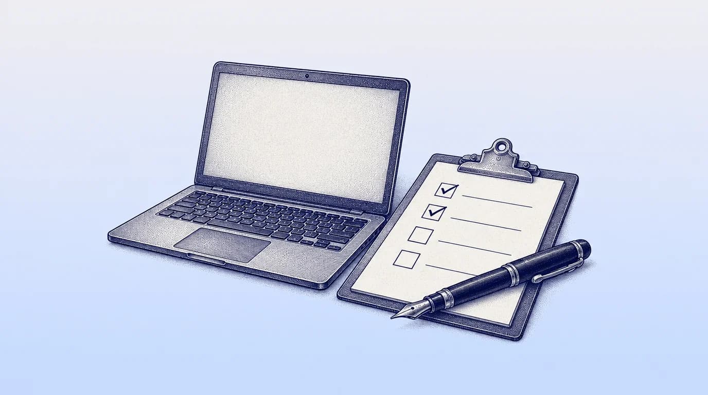 Engraved illustration of a laptop beside a checklist clipboard and fountain pen.