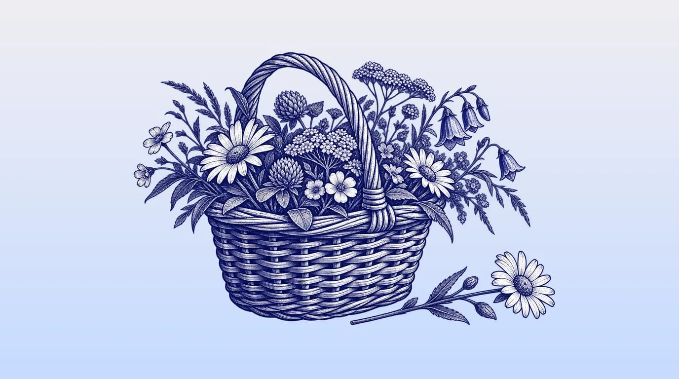 Engraved illustration of a wicker basket of gathered wildflowers with one stem lying beside it.
