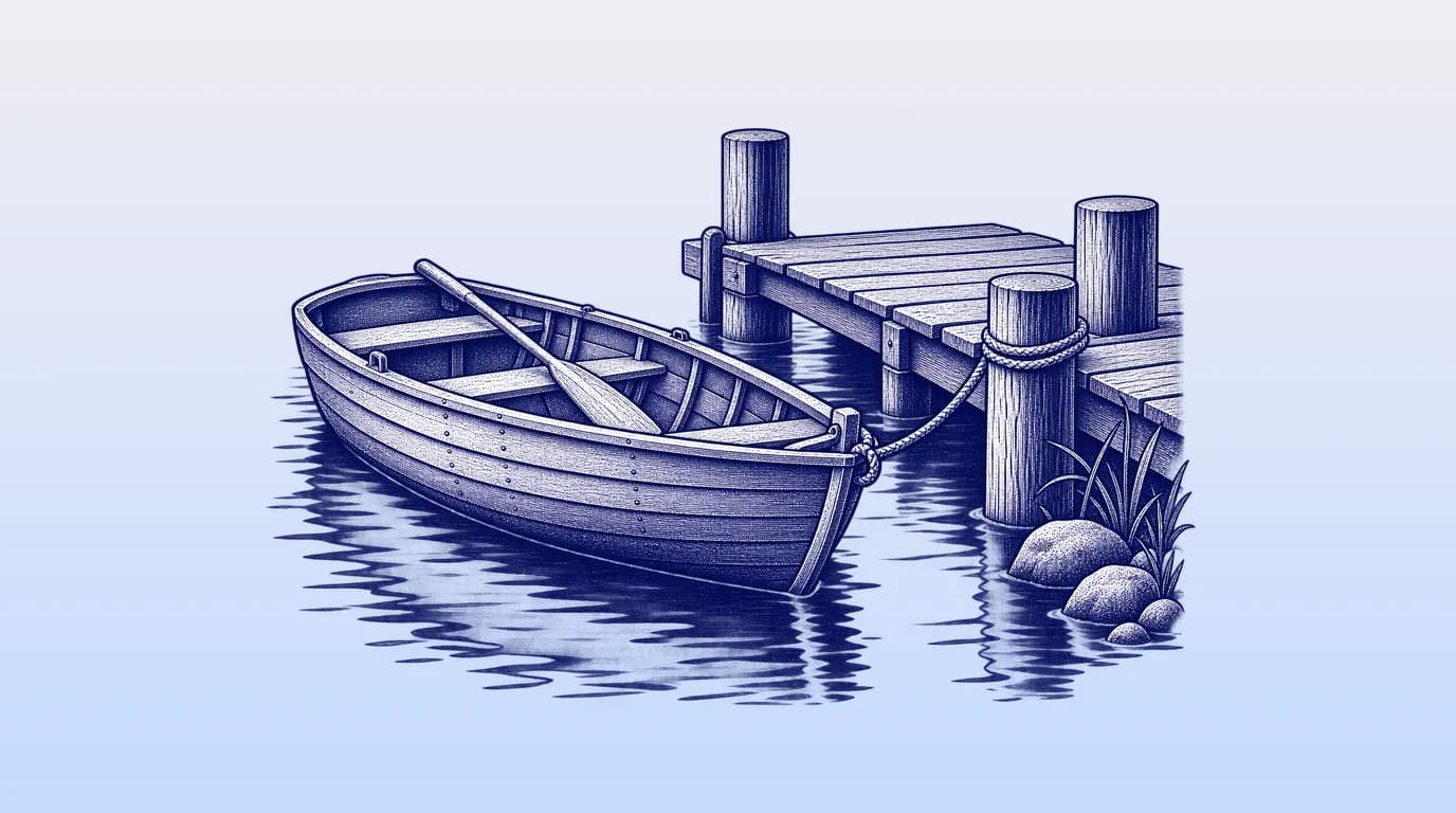 Engraved illustration of a calm lake with a single rowing boat moored at a jetty.