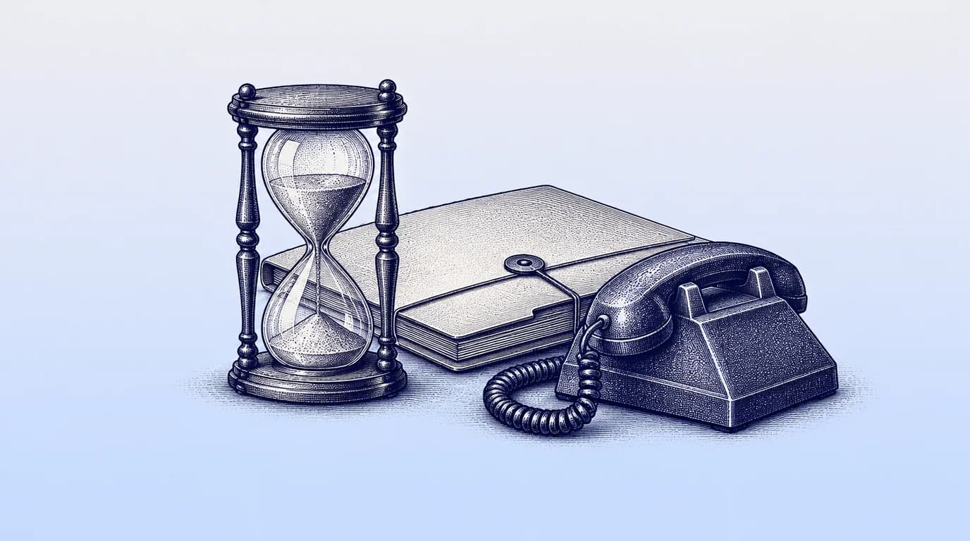 Engraved illustration of an hourglass, closed case folder and desk telephone.