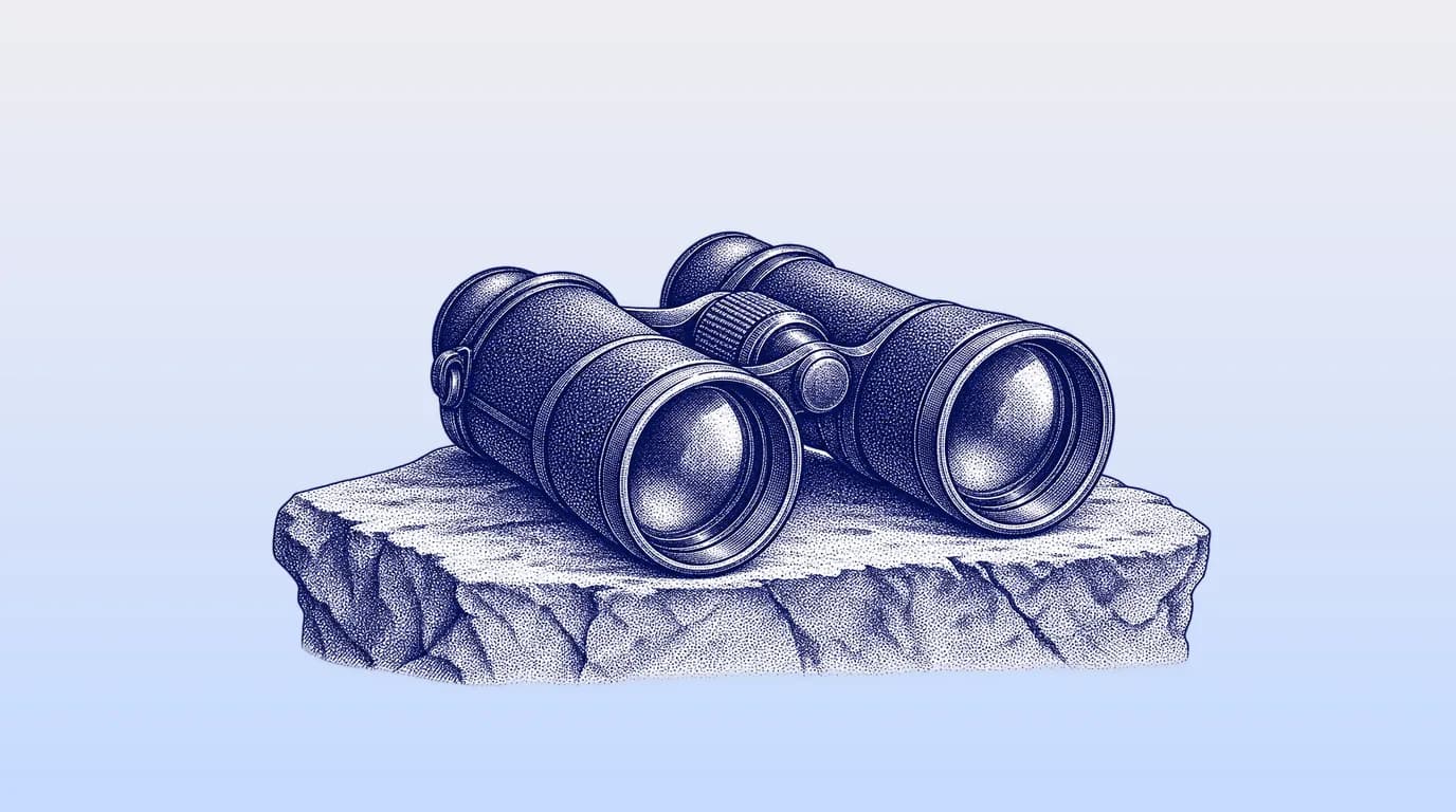 Engraved illustration of a pair of binoculars resting on a stone ledge.
