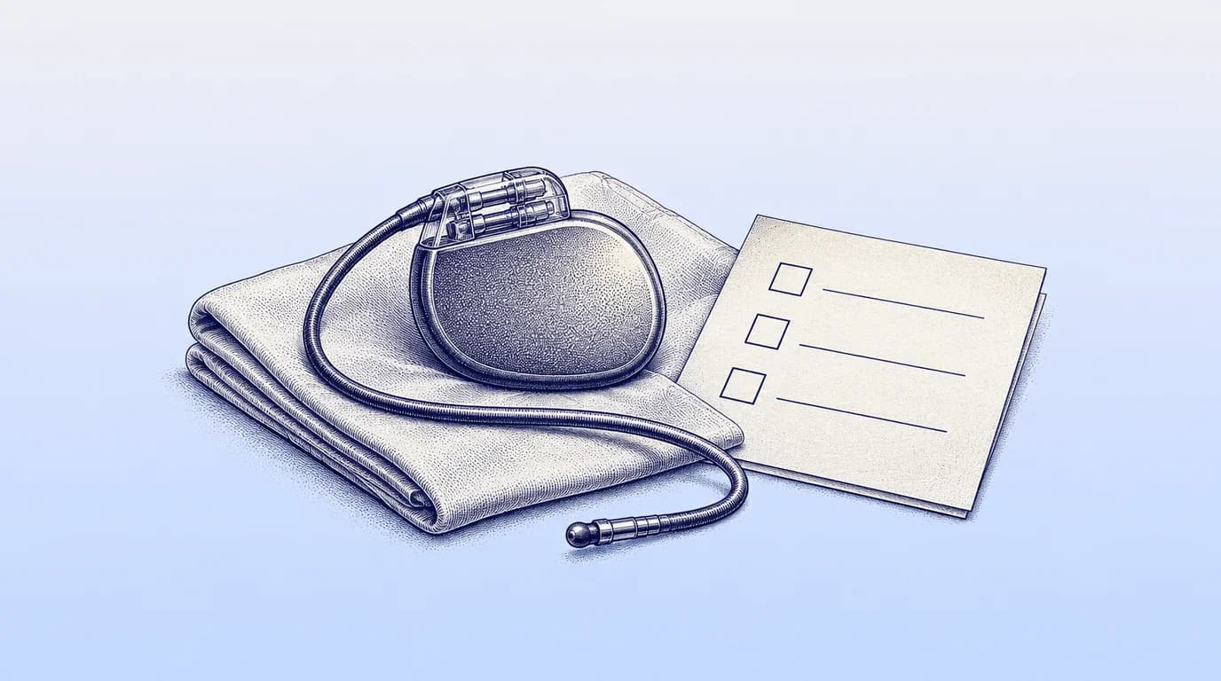 Engraved illustration of an implanted cardiac device beside a safety checklist.