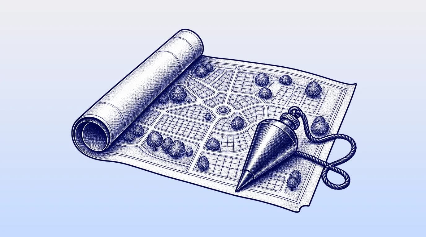 Engraved illustration of a cemetery plot map partly unrolled with a brass plumb bob resting on it.