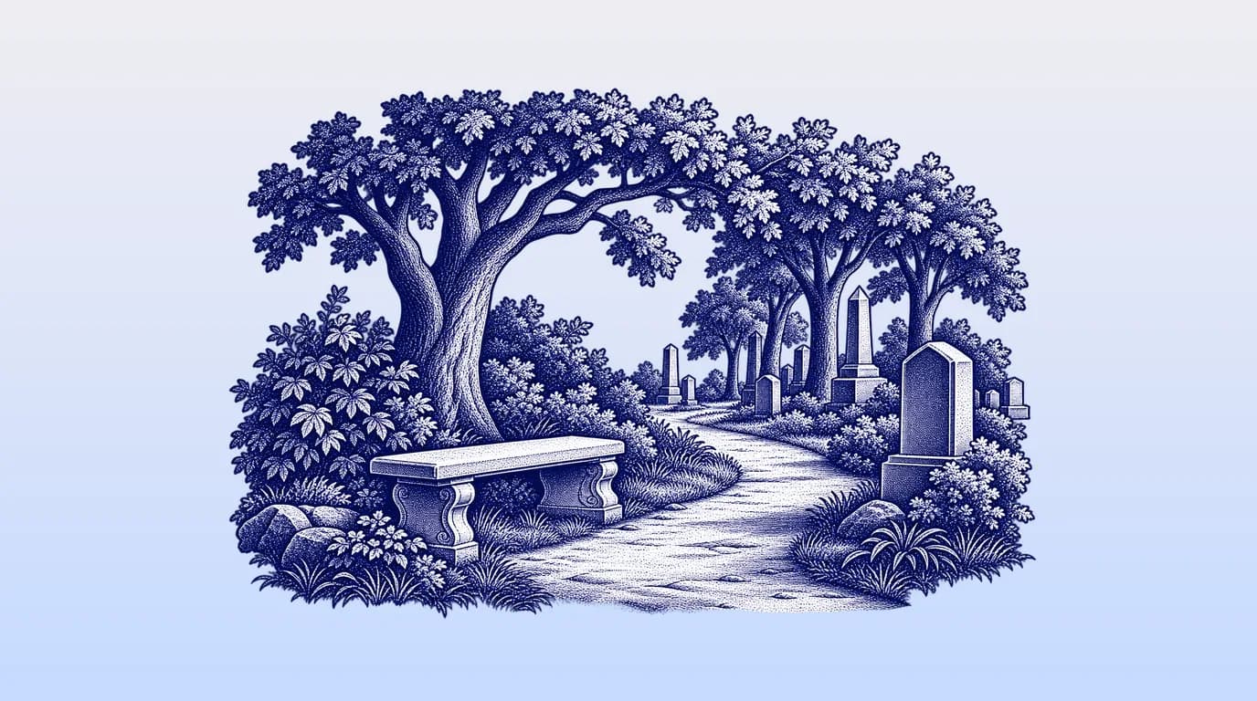 Engraved illustration of a quiet cemetery path lined with trees and a stone bench.
