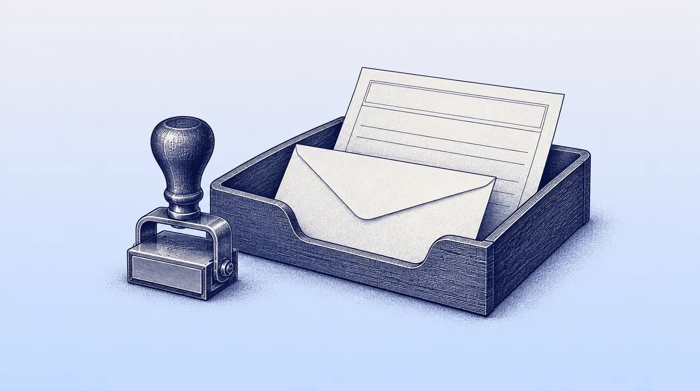 Engraved illustration of an outgoing-mail tray with a form, envelope and date stamp.