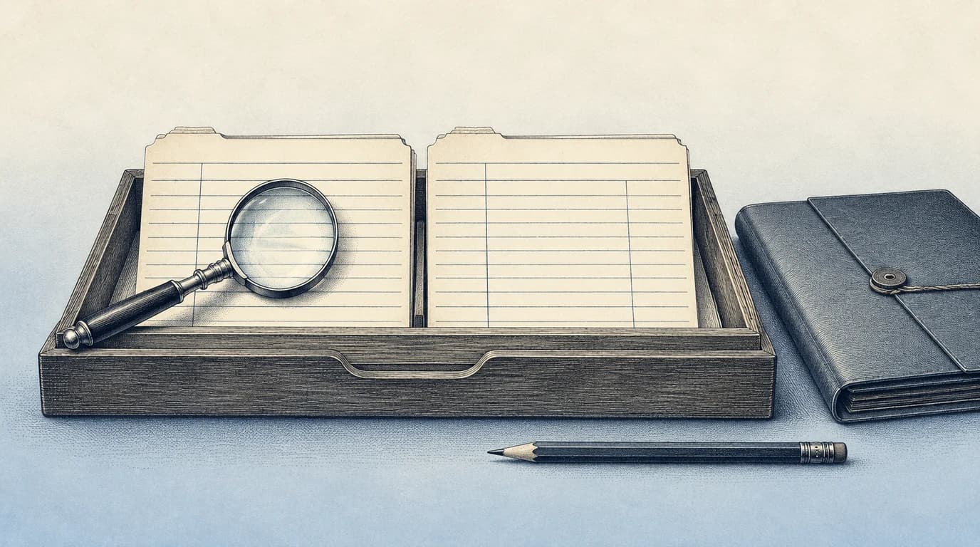 Engraved illustration of two record cards under a magnifying glass beside a case folder.