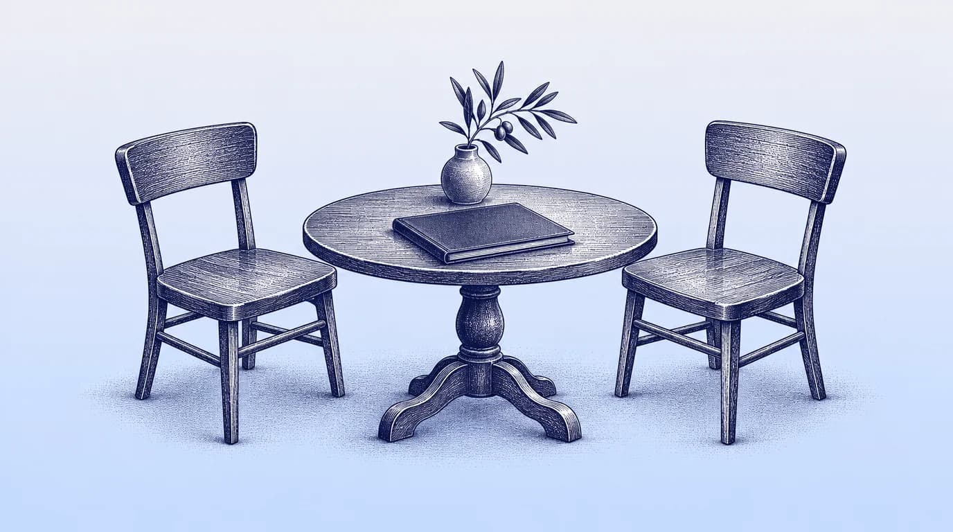 Engraved illustration of two chairs at a small meeting table with a folder and olive branch.