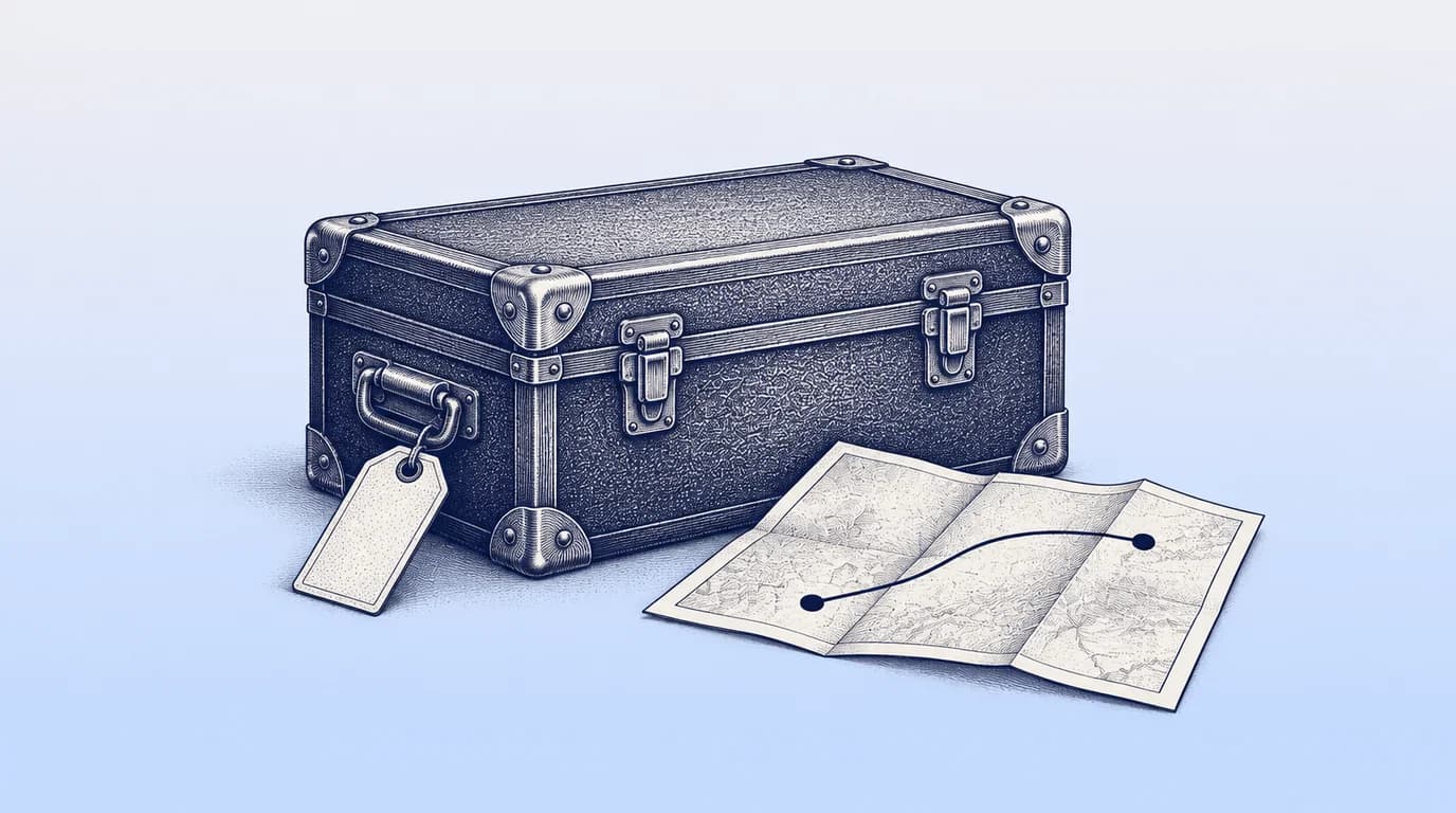 Engraved illustration of a tagged shipping trunk beside a folded route map.