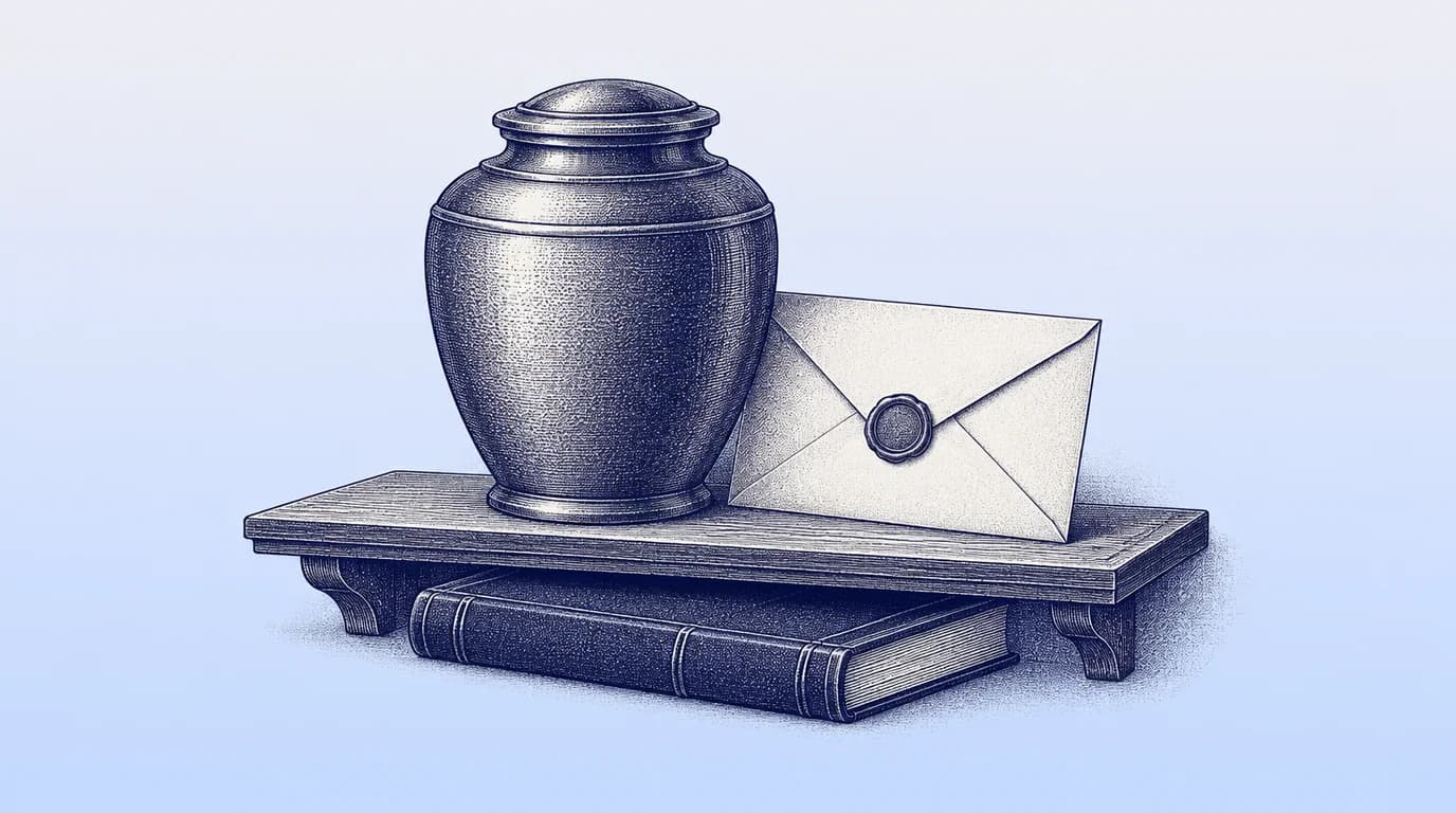 Engraved illustration of a lidded urn and sealed envelope on a small shelf above a record book.