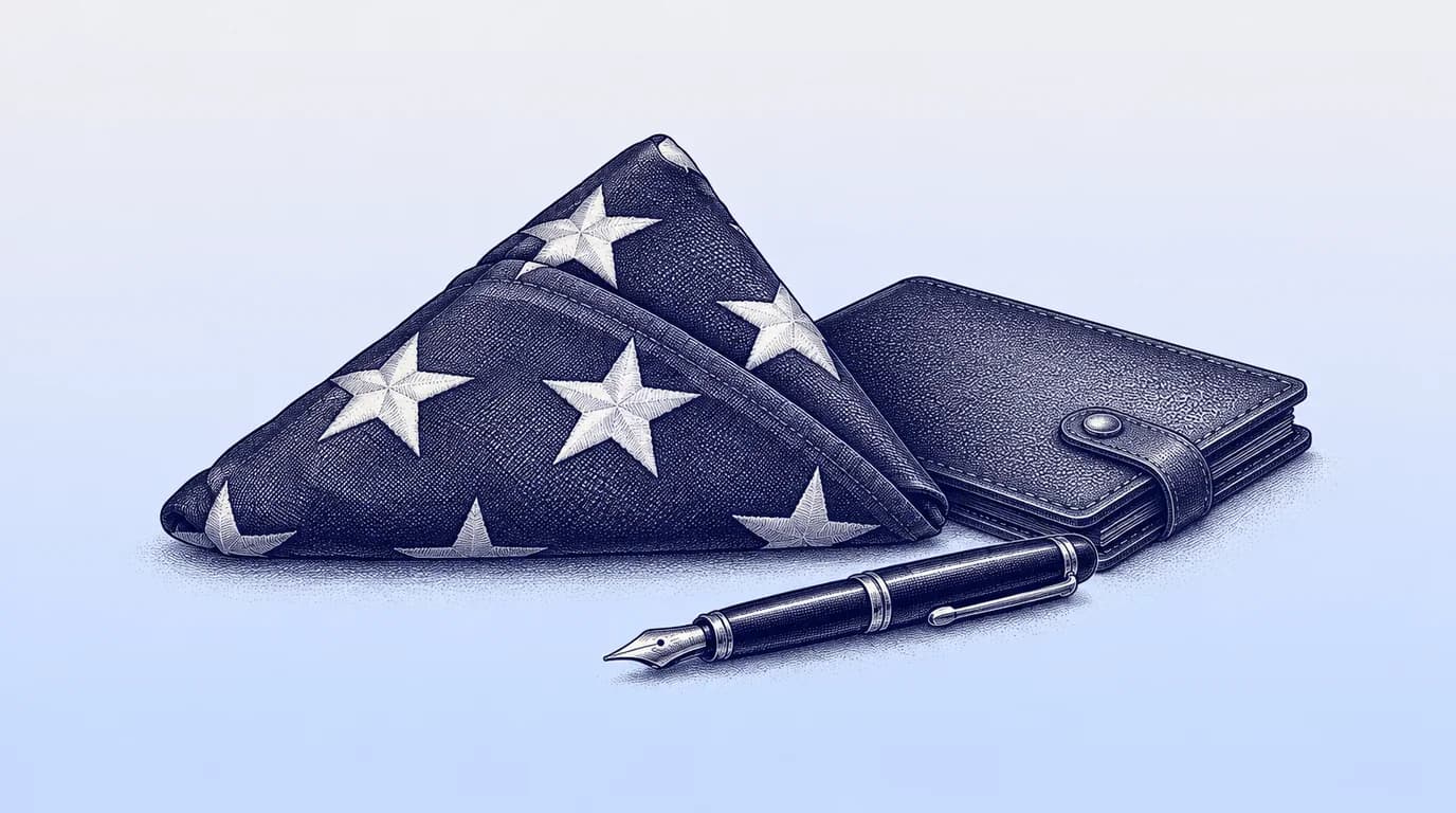Engraved illustration of a folded burial flag beside a document wallet and fountain pen.