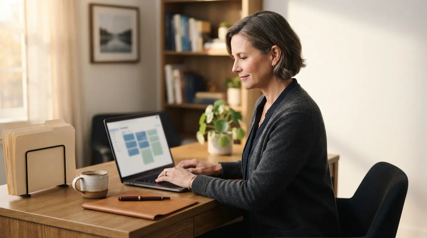 A funeral director working at a laptop showing an organized case dashboard, at a warm wooden office desk.