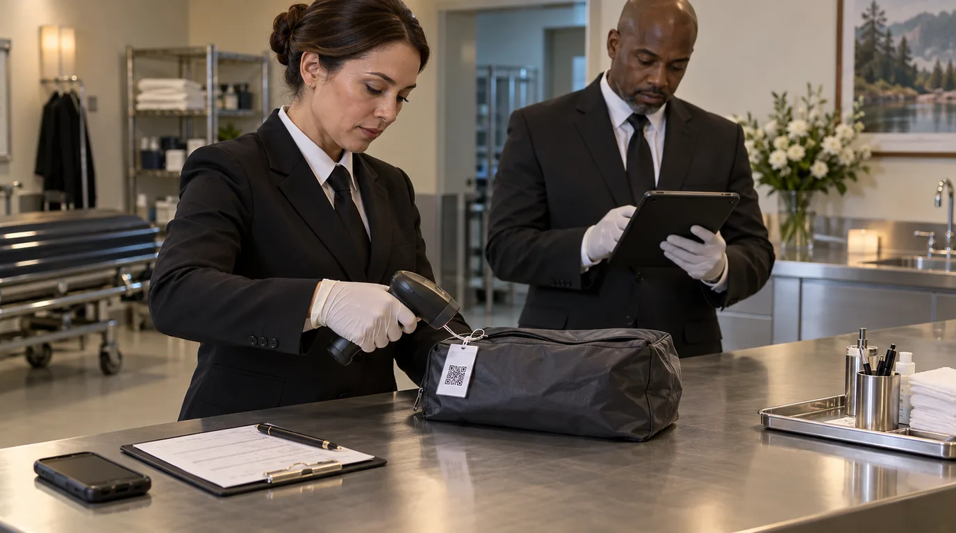 Two funeral professionals scanning an identification tag during a documented custody transfer