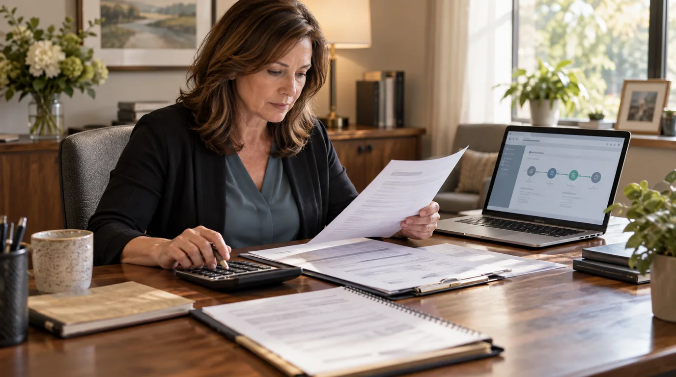 Funeral home administrator reviewing insurance assignment documents and a case balance on a laptop