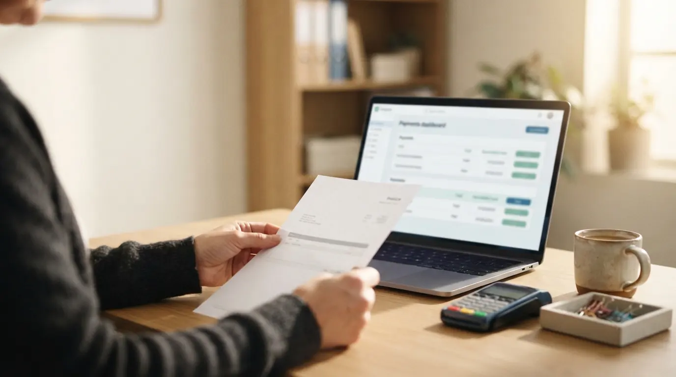 Hands holding a paper invoice beside a laptop showing a payments dashboard with paid balances.
